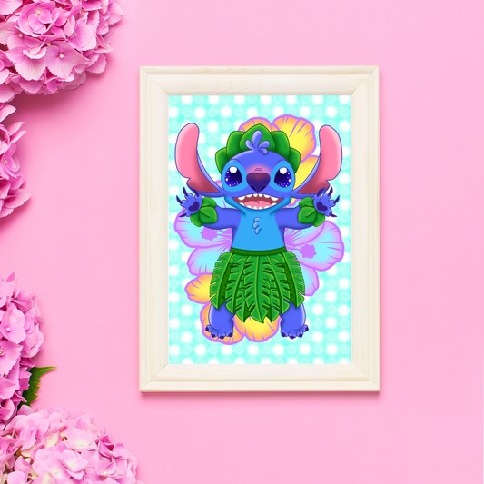 Cute Blue Creature Hula Dancing Print 5x7