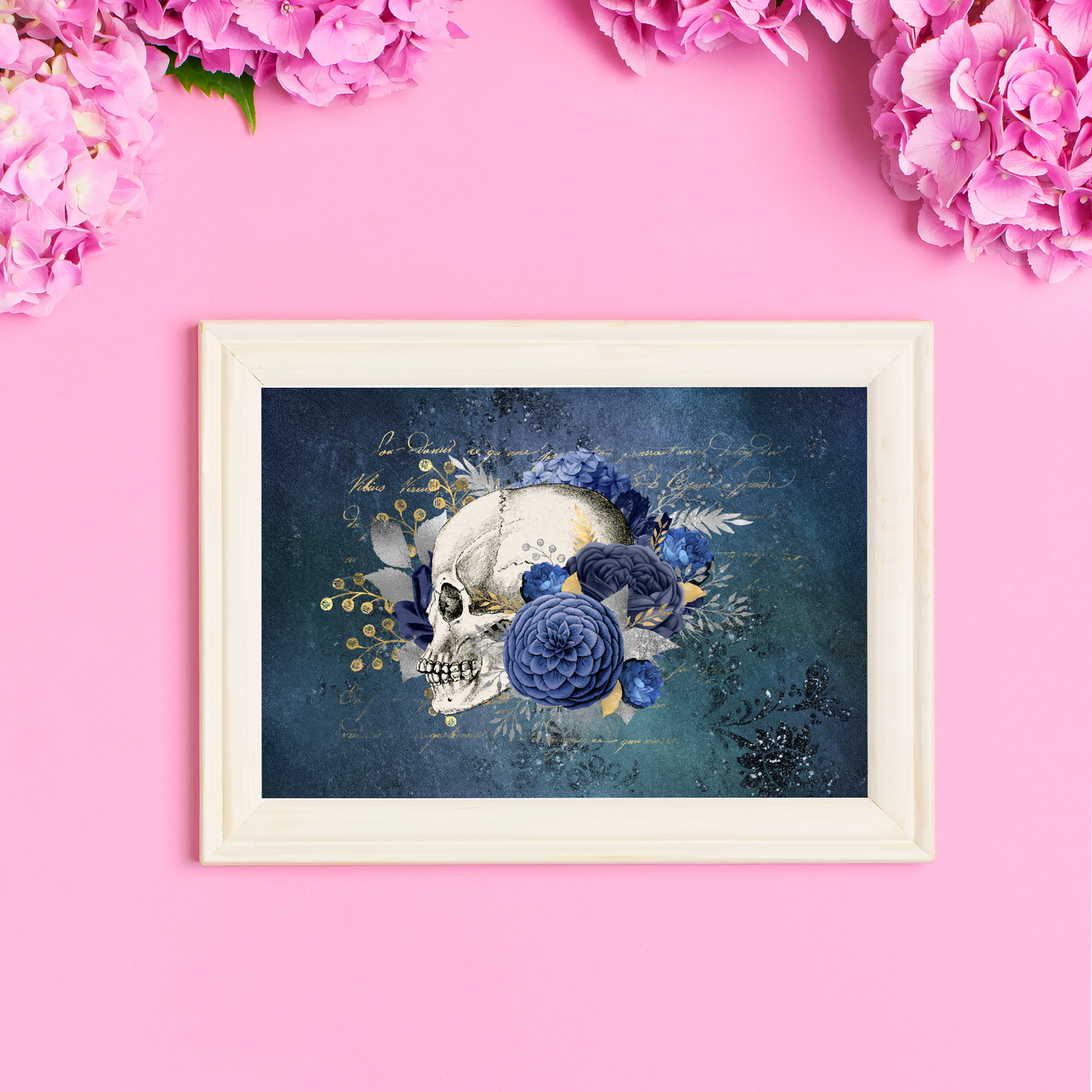 Floral Skull Dark Blue Print 5x7